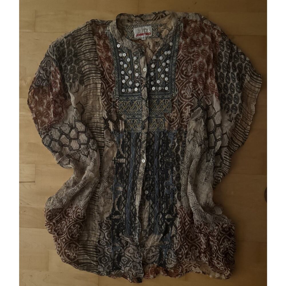 Johnny Was Biya Patchwork Silk Print Tunic Top Beaded S